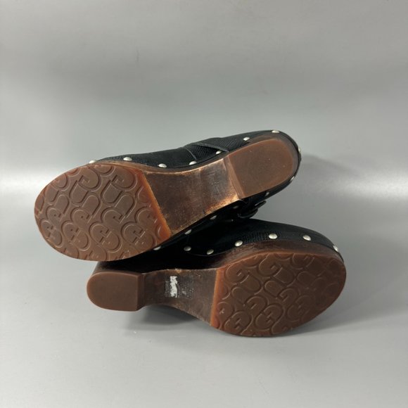 UGG Black Leather "Taryn" Wooden Wedge Mid Calf Boots, Size 7 - Picture 9 of 13